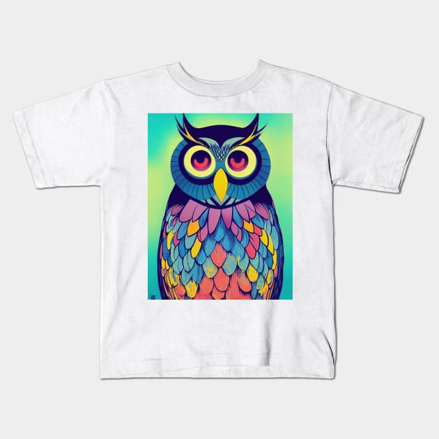 Colorful Owl Portrait Illustration - Bright Vibrant Colors Bohemian Style Feathers Psychedelic Bird Animal Rainbow Colored Art Kids T-Shirt by JensenArtCo